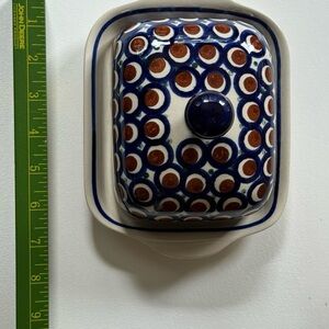Polish Pottery Handcrafted Butter Dish with Blue and Brown Pattern